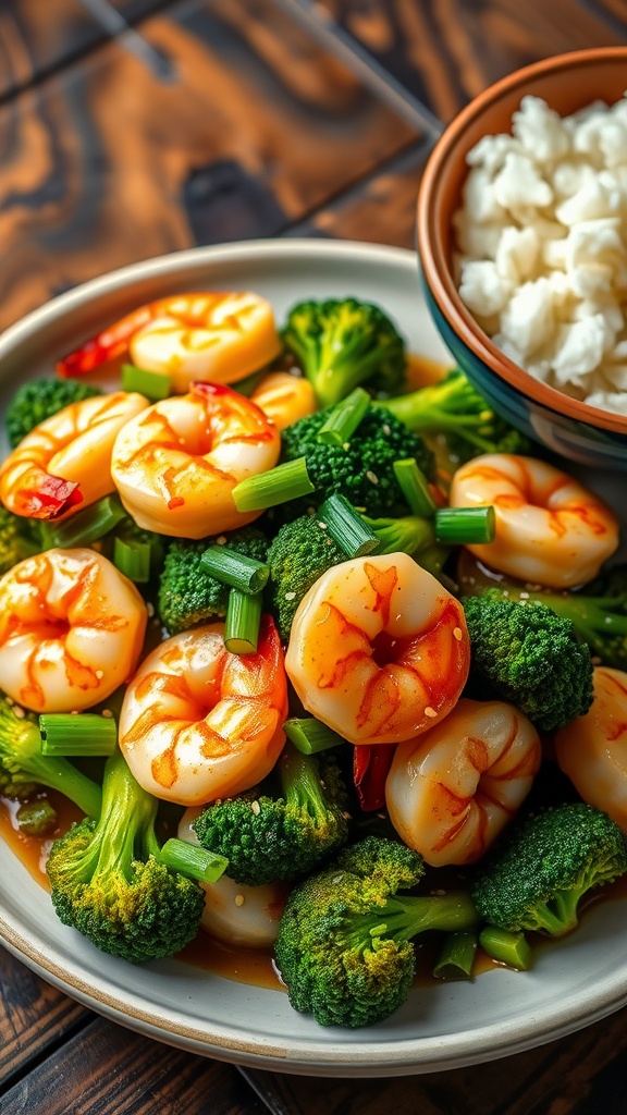Garlic shrimp stir-fry with broccoli served on a plate, garnished with sesame seeds and green onions, alongside a bowl of rice.